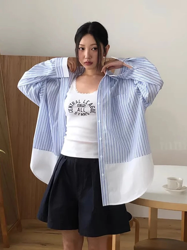 シックな秋の新作ルーズ長袖ストライプシャツレディースカジュアルクラシックカラーカラーブロックデザイン通勤スタイル韓国版