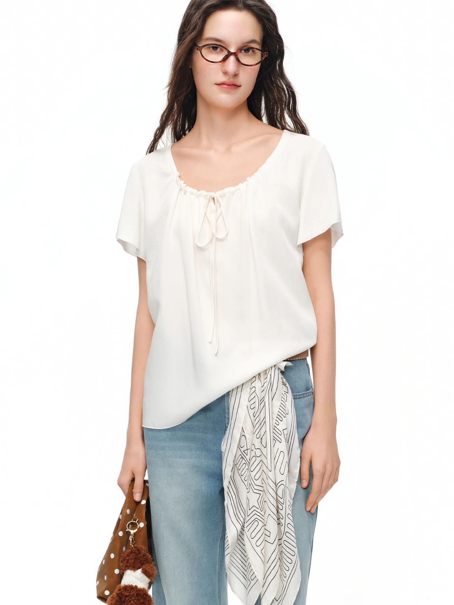 DUSHU 2026 Summer Women's Short Flutter Sleeve Top Drawstring Tie Detail - Relaxed Fit Casual Blouse for Daily Summer Outings