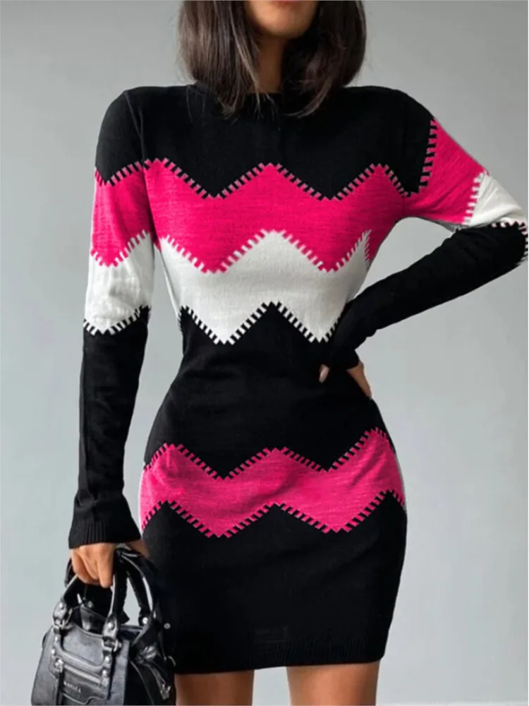 Jesień Zima Moda Damska Print Slim Dress 2024 Kobieca sukienka z długim rękawem O-neck Elegancki pakiet Bodycon Hips Mini sukienki Vestidos — zdjęcie 2
