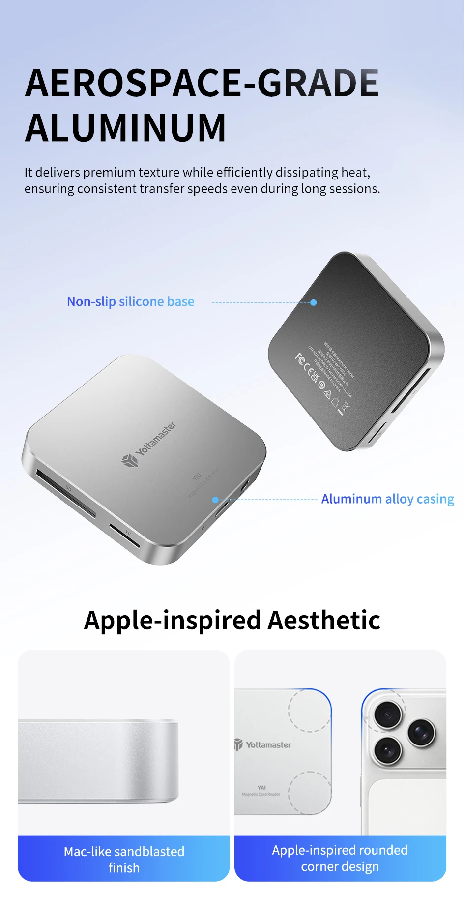 Yottamaster 3,5mm Audio Dual-Slot SD/TF Adapter Metallgehäuse Magnetischer Kartenleser PD100W Multi-Port USB Typ-C Hub 5Gbps Erweiterung – Detail 14