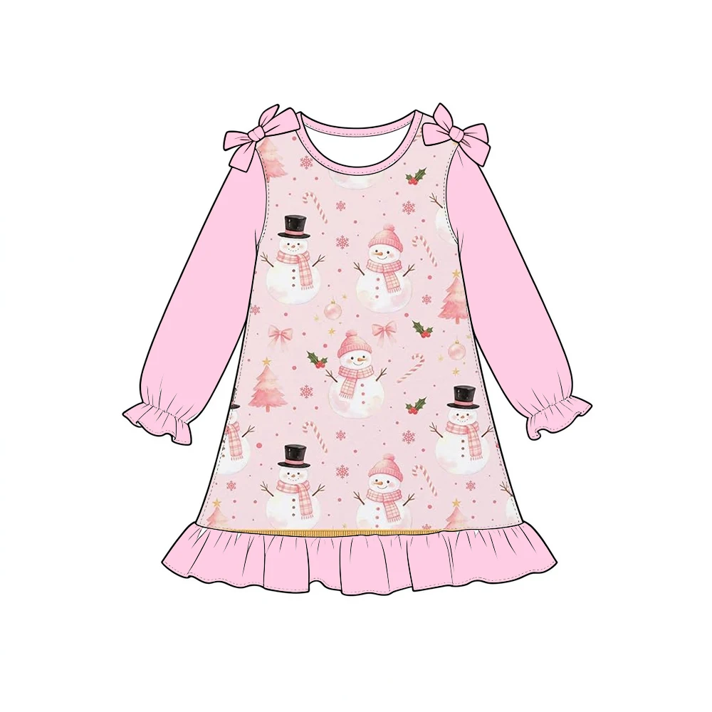 Boutique Children's Dress Ruffle Long-sleeved Bow Decoration on Shoulders Christmas Series Print Wholesale