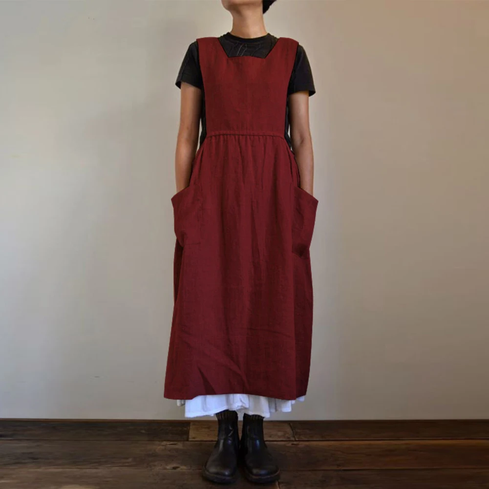 Women Sunmmer Dress Sleeveless Square Neck Women Dress Pockets Cotton Linen Apron Long Dress Pinafore Dress Vestidos Mujer