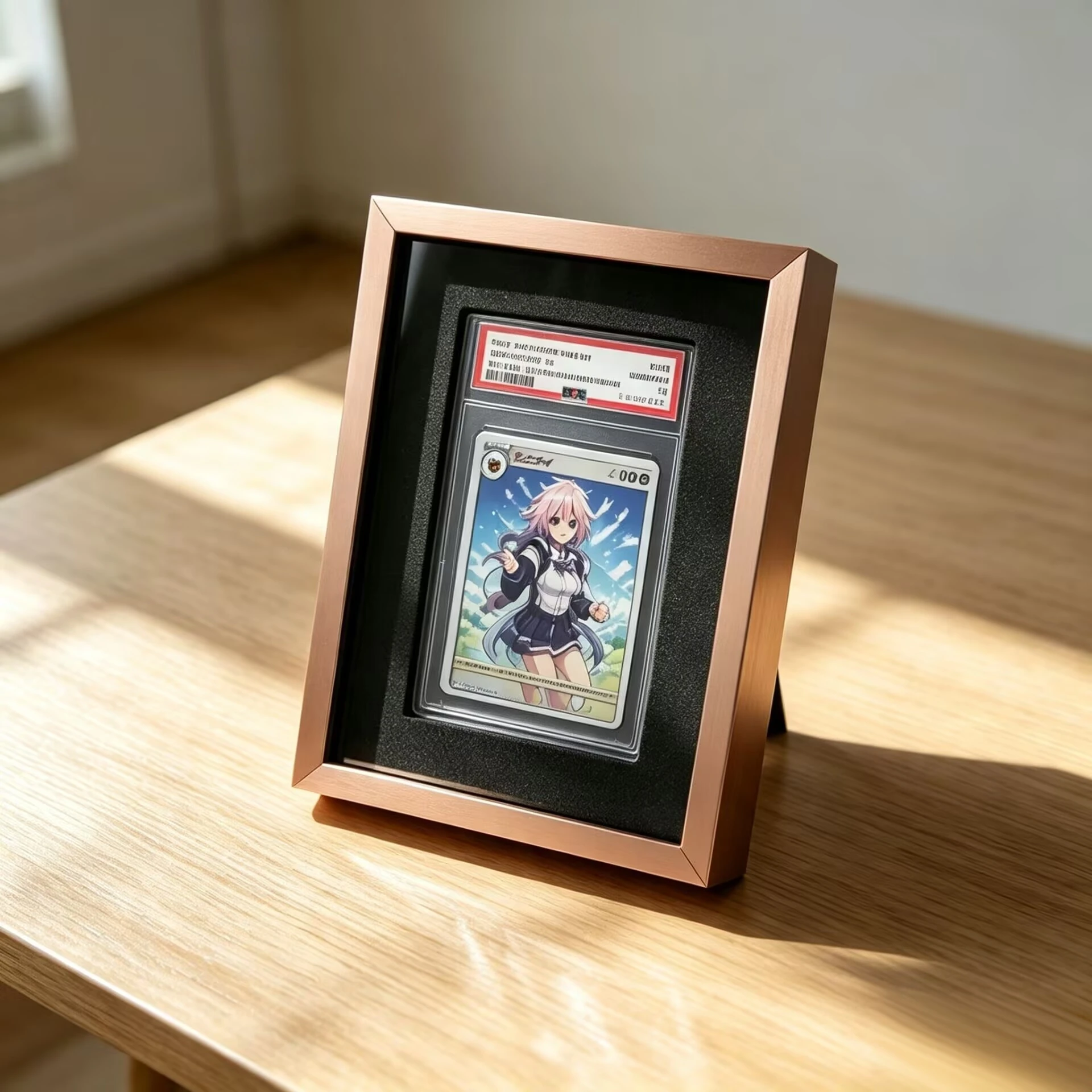 Pink‑Gold Aluminium Alloy Anime Graded Card Brick Holder Vertical TCG Trading Card Display Stand Tabletop Wall‑Mounted Upright