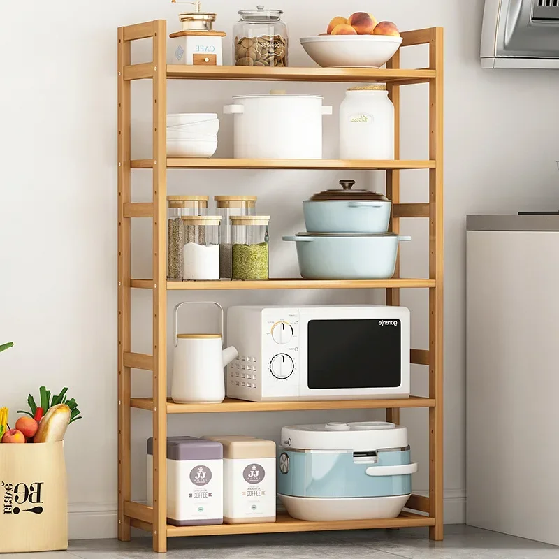 Household solid wood kitchen seasoning rack floor-to-ceiling multi-layer microwave oven pot storage rack