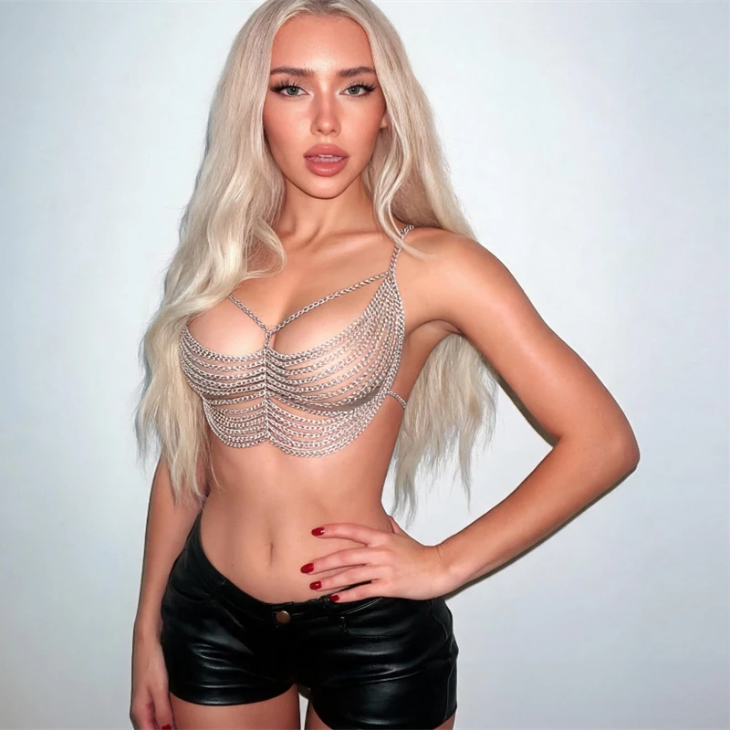 Damen Mehrlagige Ketten-BH-Körperkette Sexy Metall-Riemen Bustier Y2K Top Handgefertigt Nachtclub Party Festival Roupas+Feminina 2026 – Detail 2