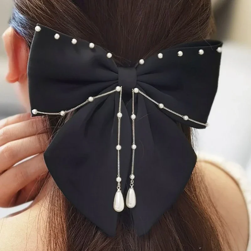 Fashion Fabric Big Bow Hairpins Pearl Tassel Hair Clips Ponytail Barrettes Heawear Korean Headpiece Girls Hair Accessories