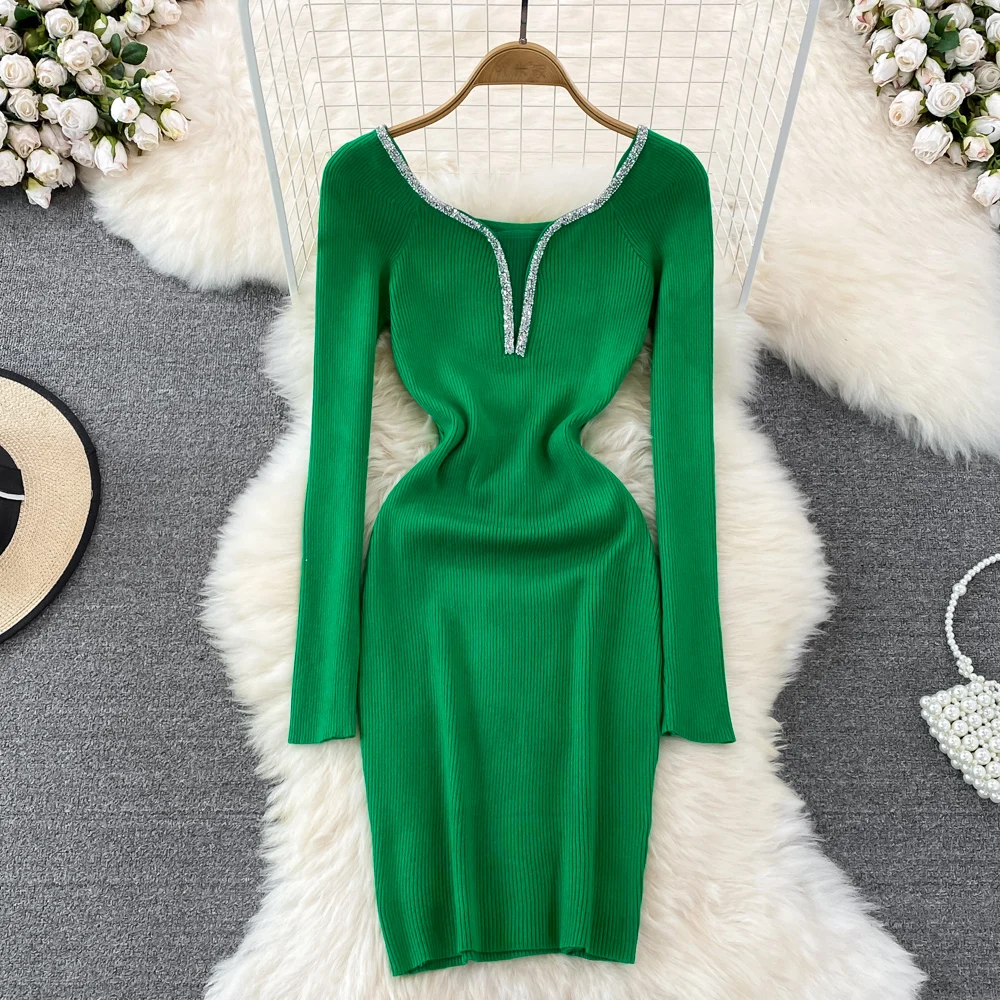 Chic Elegant Glitter V Neck Long Sleeve Elastic Bodycon Dress Sexy Fashion Knit Pencil Vestidos Slim Autumn Winter party robe