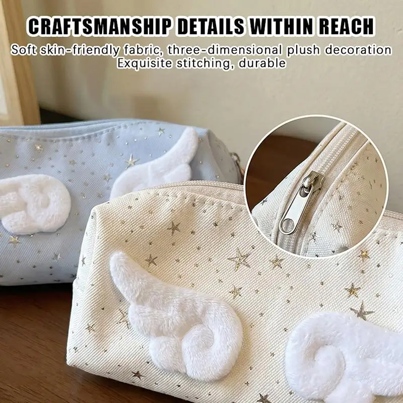 Niedliches Federmäppchen mit 3D-Engelsflügeln und Glitzersternmuster, ideal für Schüler, zur Aufbewahrung von Schul- und Alltagsartikeln. – Detail 3