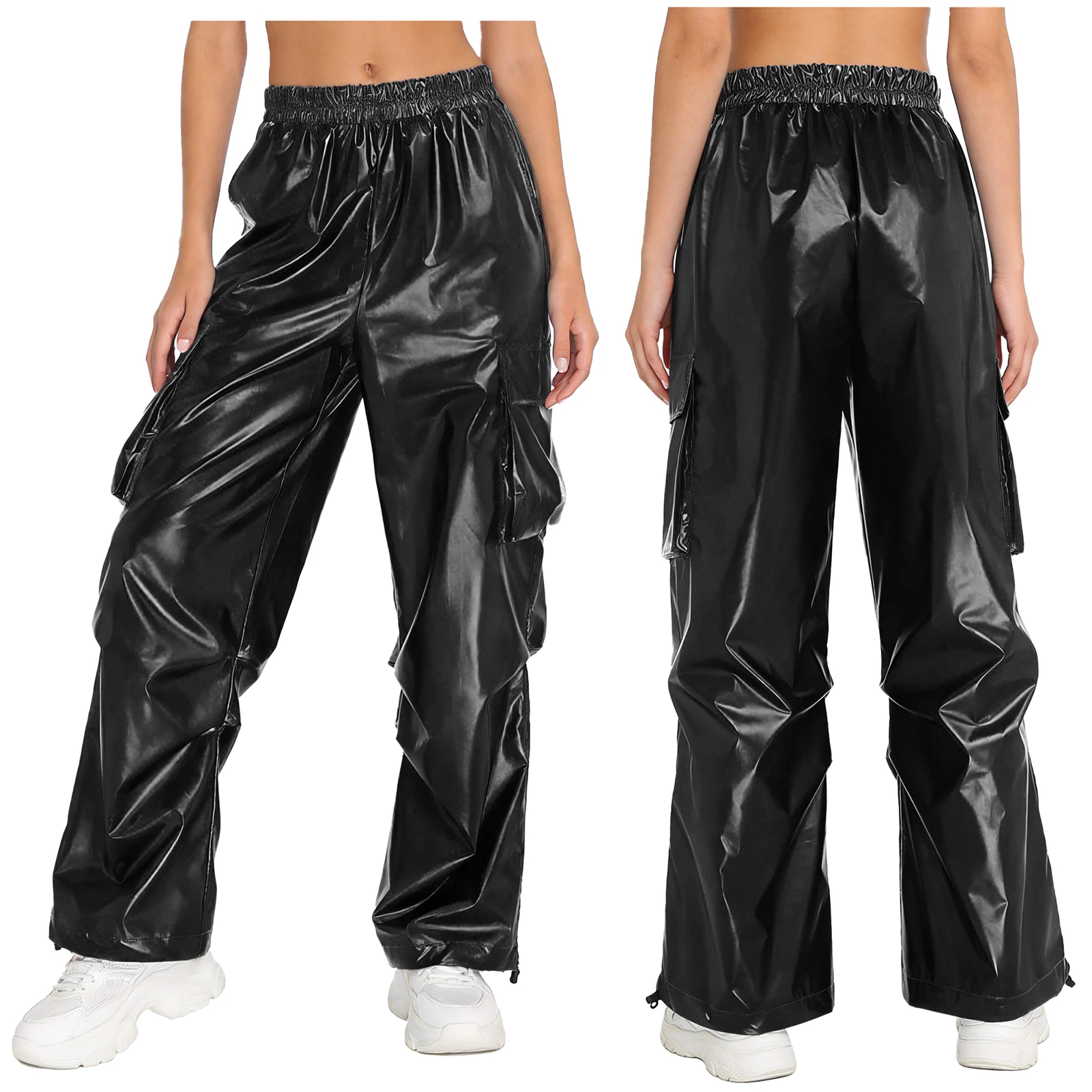 

Womens Jazz Hip-hop Dance Pants Outfit Metallic Shiny Pockets Drawstring Legs Cargo Pants Trousers for Disco Party Streetwear