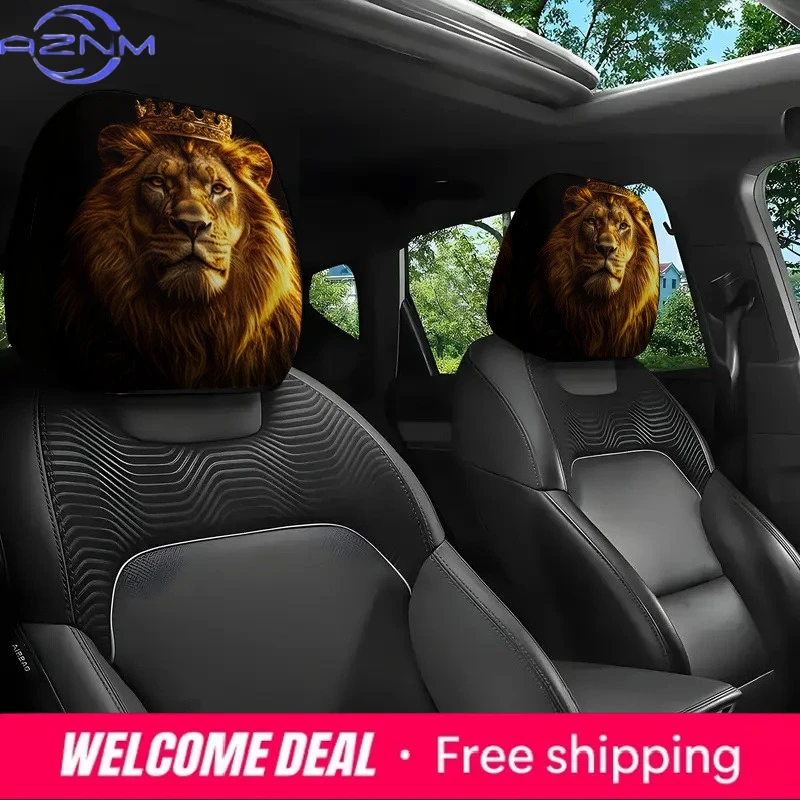 Crown-Wearing Lion Print Car Headrest Cover,an Ideal Choice for Car Interior Additions