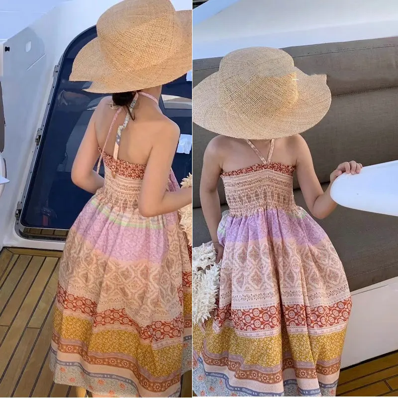 Girls' Elastic Ruched Ethnic Style Strap Dress25Summer New Foreign Trade Children's Wear Delivery