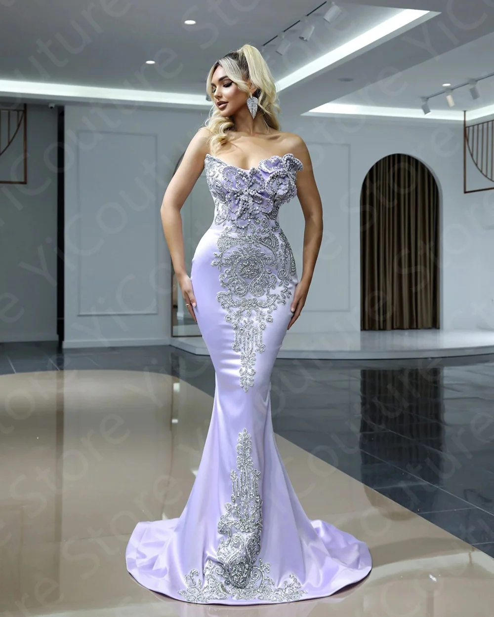 Customized Classic Lavender Evening Dresses Mermaid Prom Gowns Removable Train Strapless Wedding Party Dresses 2024 Appliqued