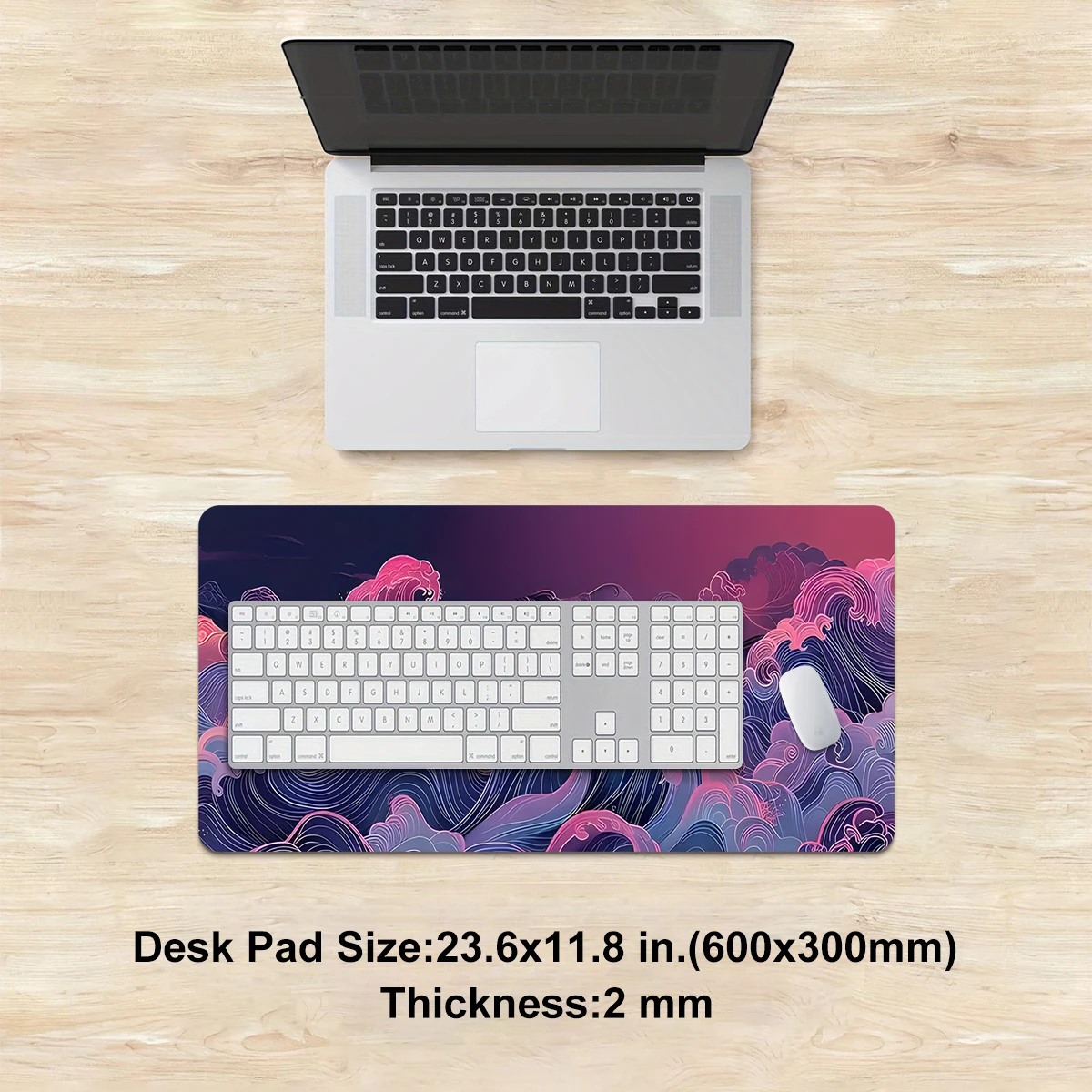 판타지 핑크-퍼플 오션 웨이브 마우스 패드 멀티 사이즈 세탁 가능 미끄럼 방지 스티치 엣지 컴퓨터 키보드 데스크 매트 게임용 사무실용