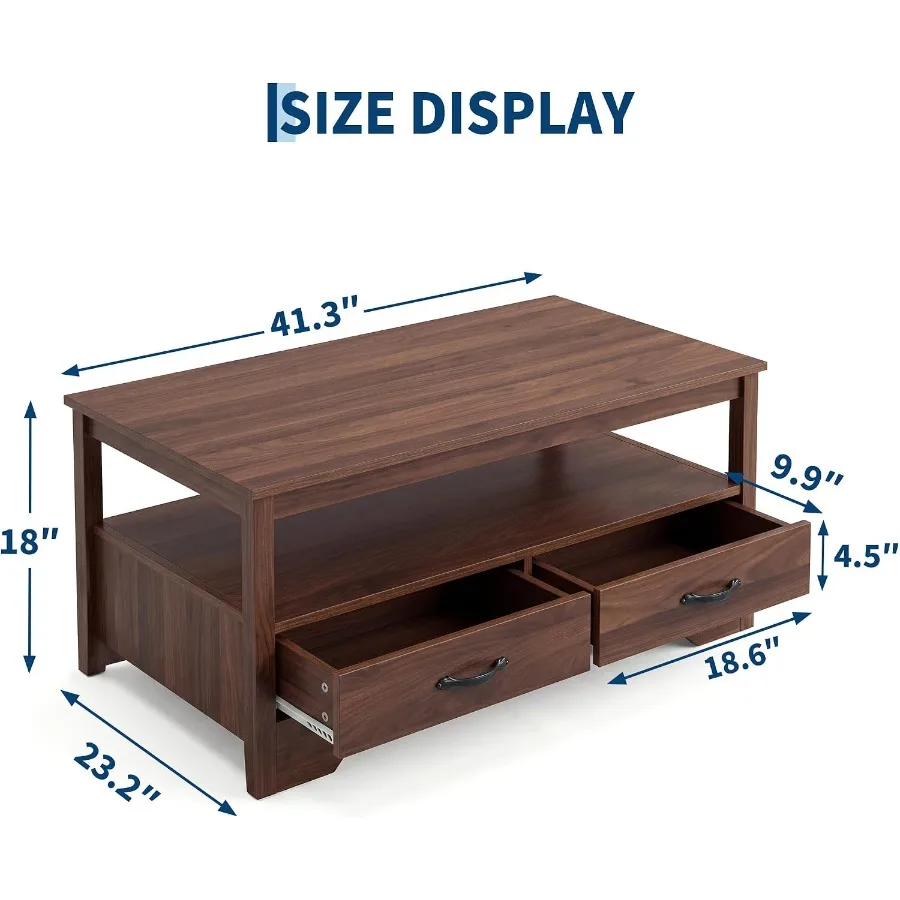 41.3 Farmhouse Coffee Table with 4 Drawers for Living Room, Solid Wood, Natural Brown, Ample Storage and Rustic Charm