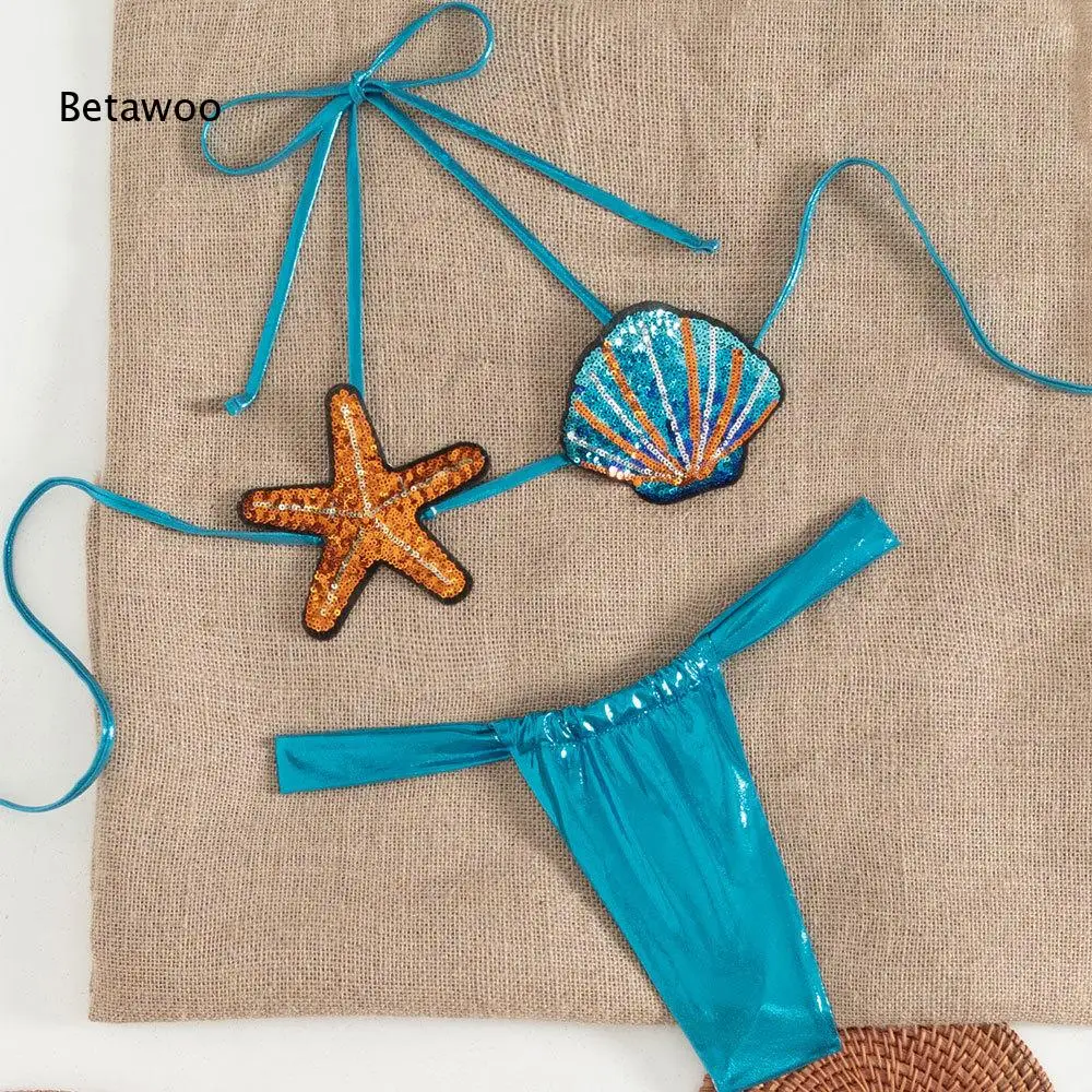 

2026 Womens Turquoise Halter Bikini with Starfish and Shell Sequin Appliques