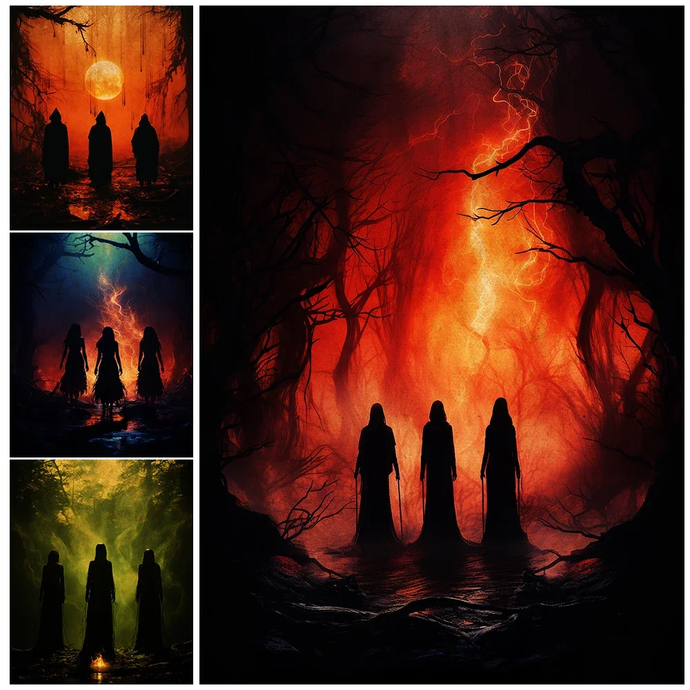 

Three Swamp Witch Sisters Under The Full Moon Vintage Wall Art Canvas Painting Pagan Witchcraft Group Art Poster And Print Decor