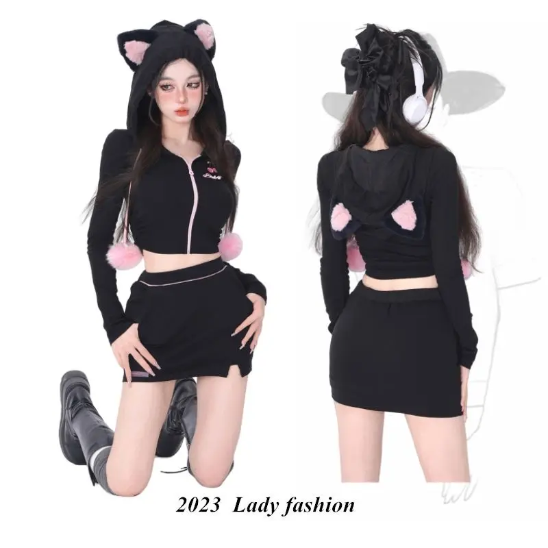 Harajuku Meow Black Set sweatshirt New Coat Women's Bag Hip Short Skirt goth kawaii y2k clothes korean streetwear women