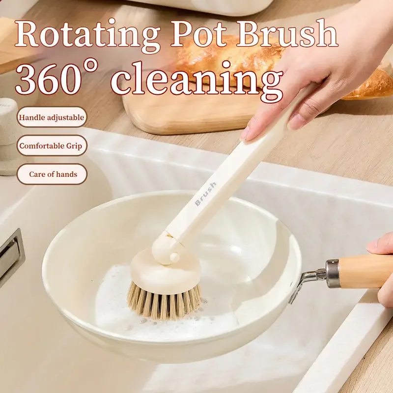 家庭用クリエイティブポットブラシ、ダブルブラシヘッド回転式ロングハンドル食器洗いブラシ、キッチン食器洗いと鍋洗いクリーナー