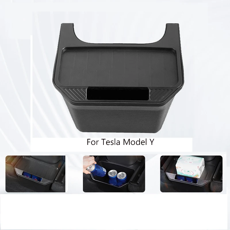 For Tesla Model Y Rear Seat Beverage Box  Accessories Center Console Bins Backseat Trash Can Garbage Bag Under Seat Tray