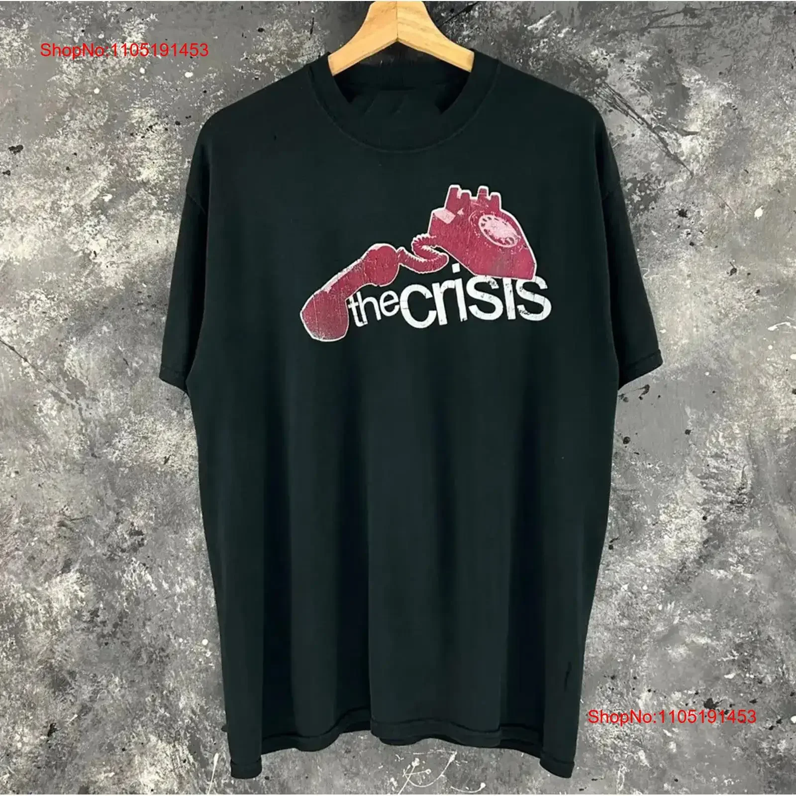 تي شيرت The Crisis Telephone أسود جميع المقاسات HH355 عتيق مغسول ملابس الشارع الشهير ملابس أنيقة ممتدة قليلاً غير رسمية #1