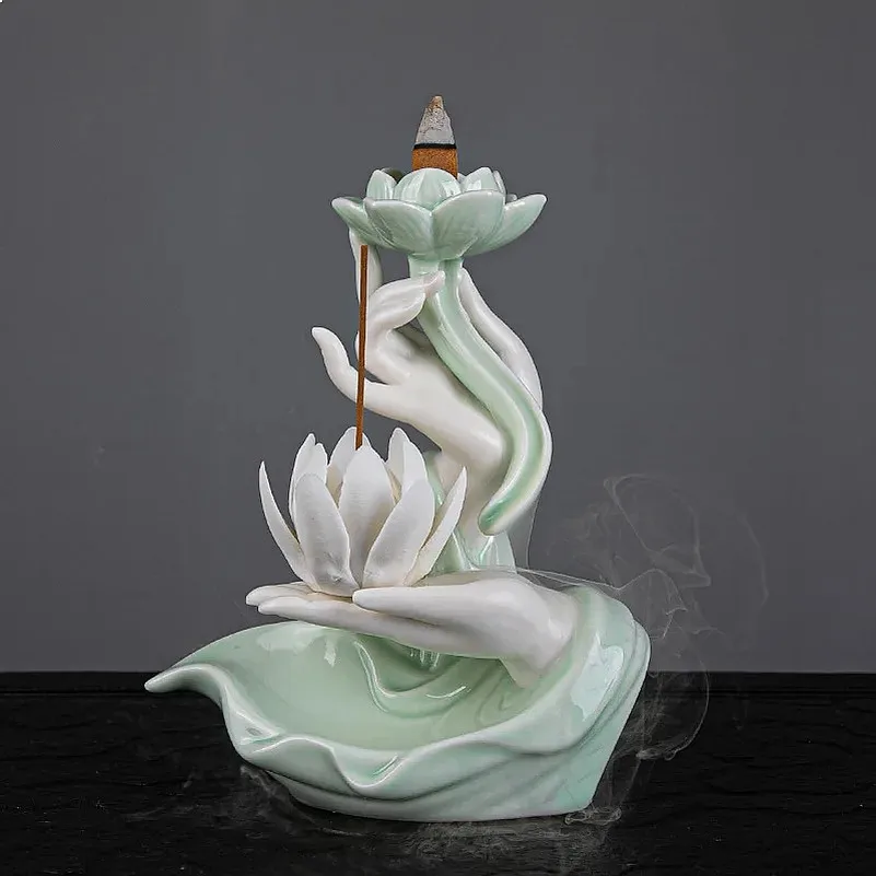 Newest Celadon Backflow Incense Fountain Antique Lotus Incense Burner for Incense Sticks Holder Gothic Decor Zen Bergamot Stove