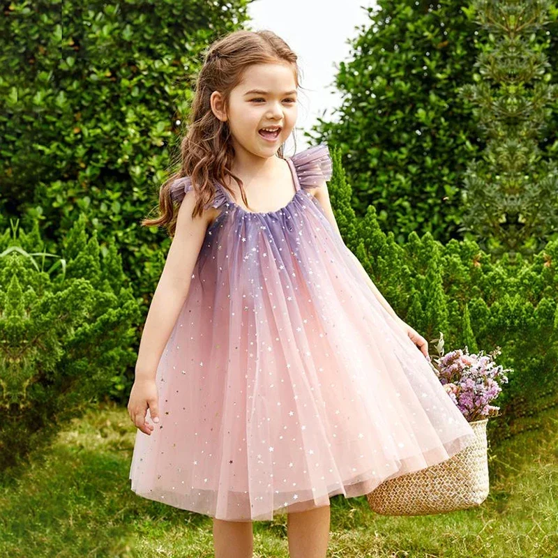 Summer Dress for Girls 3-8 Years Suspender Sequin New Birthday Princess Dress Ruffles Tulle Children Vacation Casual Vestidos