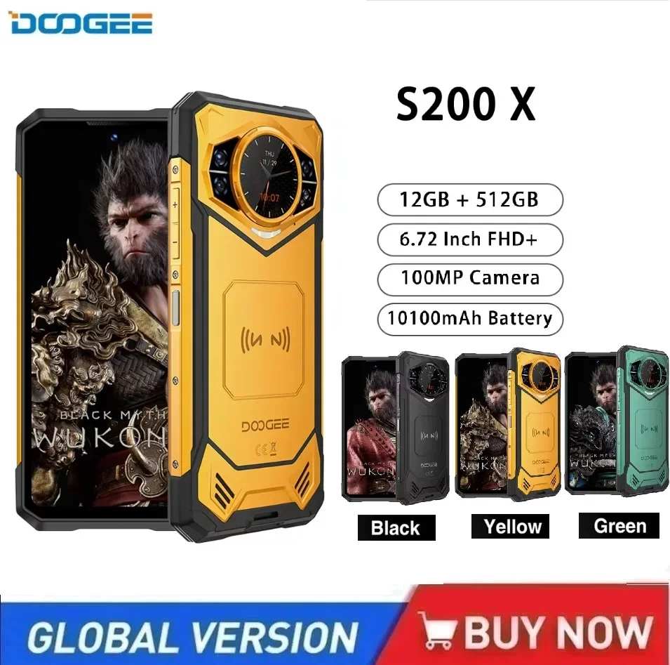 Прочный смартфон DOOGEE S200 X 5G, 12 ГБ, 512 ГБ, Android 14, 6,7 дюйма, 120 Гц, мобильный телефон, аккумулятор 10100 мАч, 100 МП, 33 Вт, NFC-телефон