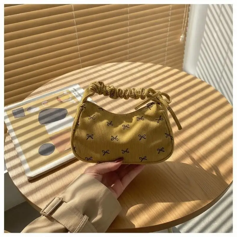 Trendy Bow Print Corduroy Hobo Bag Non-Slip Ruched Strap Large Opening 6+ Color Options for Daily Errands School Use