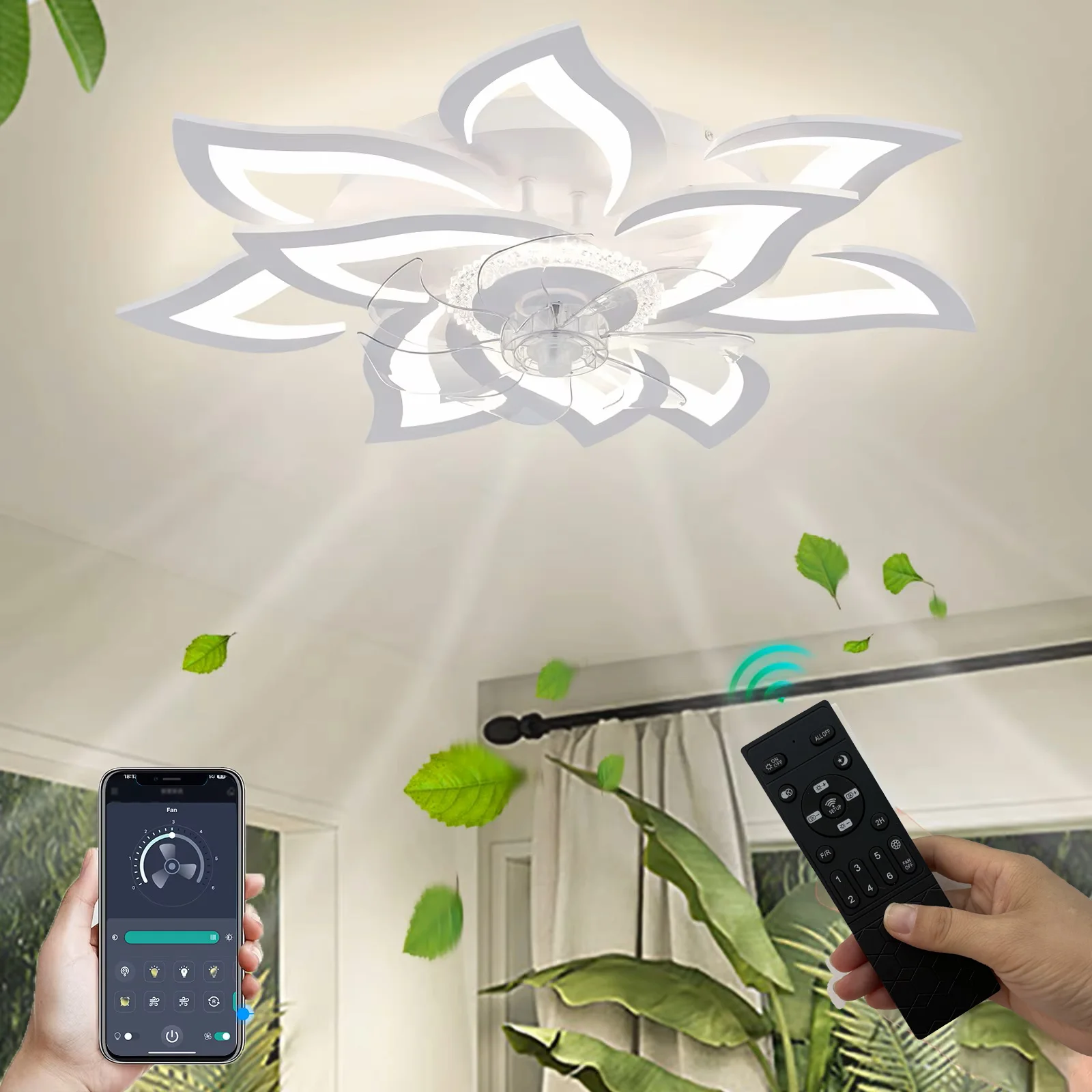 Ceiling Fan with Lights,Modern Dimmable Flower Shape, Remote Control/app Control,Timing 6 Gear Speeds Fan Ceiling Lamp