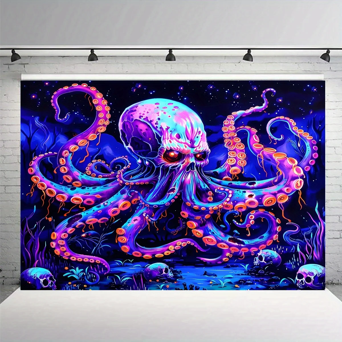 Vibrant Neon Octopus Skull Abstract Gothic Ocean Dream Wall Tapestry Poster Decoration Art Print for Halloween Spooky Decor
