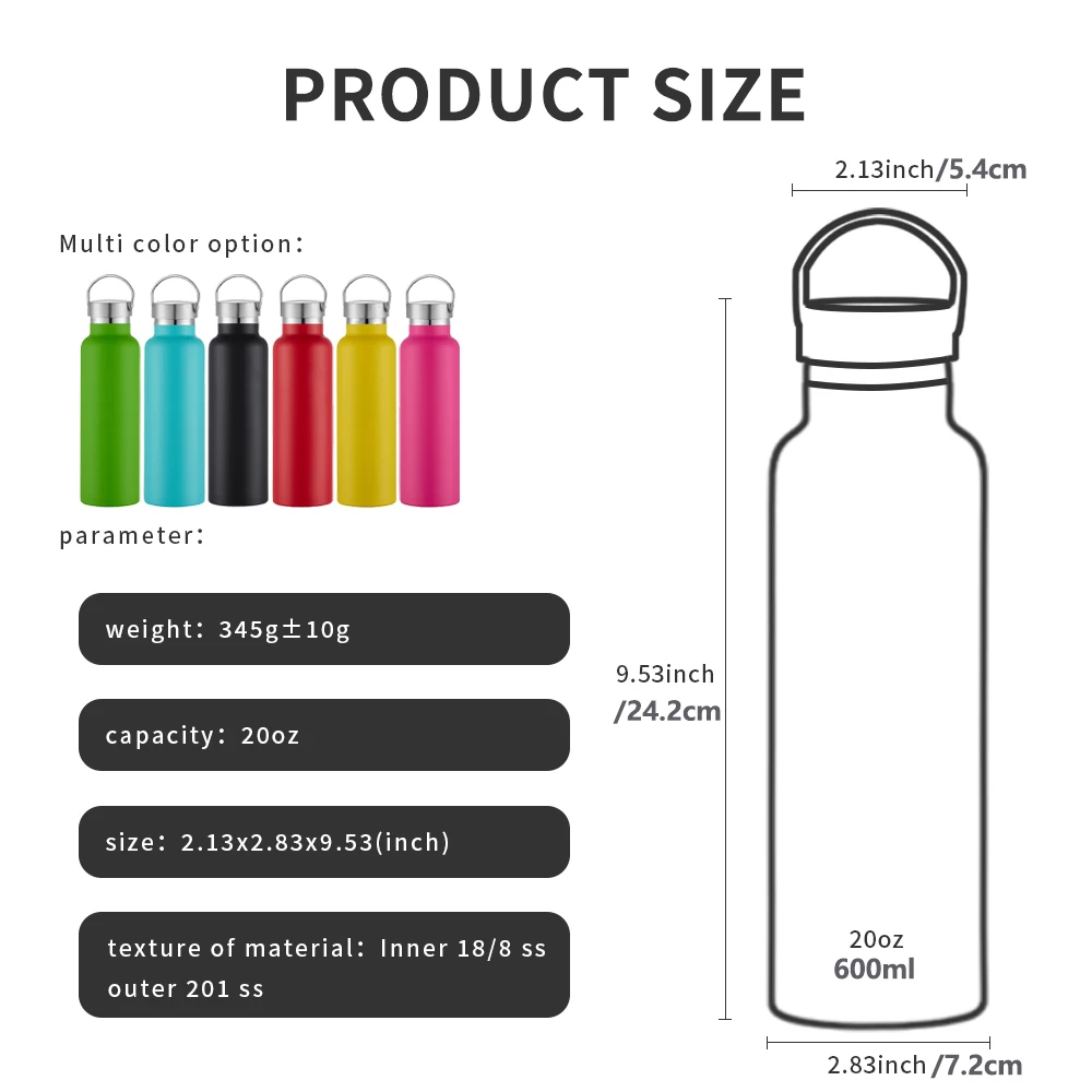 20 OZ/600ML insulated Double Walled Water Bottles Stainless Steel Sports Water Bottles 18/8 Food Grade for Cyclists, Runners