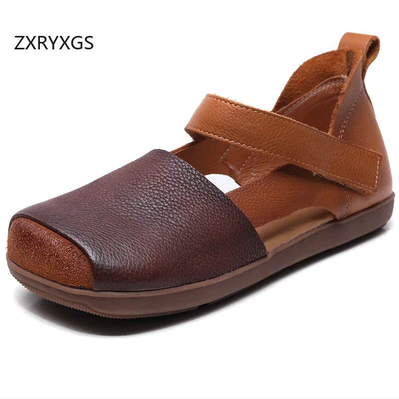 

ZXRYXGS 2024 Superior Genuine Leather Splicing Spell Color Square Toe Sandals Roman Shoes Flat Comfortable Women Fashion Sandals