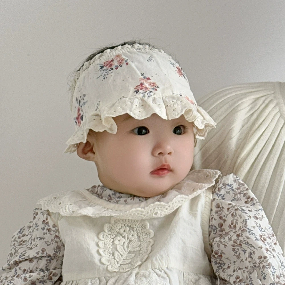 

0-1Y ​Baby Summer Hollow-Out Cotton Hat Floral Lace Wide Brim Bonnet Korean Open-Top Sun Hat Newborn PhotoProp Princess Cap​