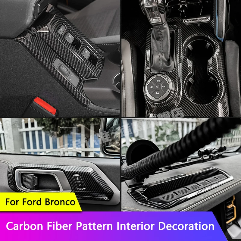 TAJIAN Car Carbon Fiber Central Control Gear Panel Rear Air Outlet Cover Trim Inner Hand Frame Sticker For Ford Bronco Accessory