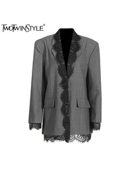 TWOTWINSTYLE Solid Embroidery Elegant Blazer For Women Notched Collar Long Sleeve Spliced Single Breasted Coats Female Fashion