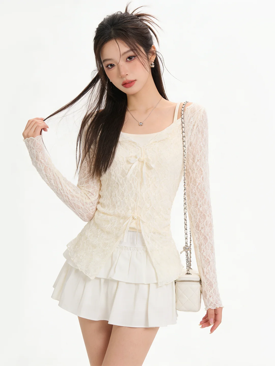 

Korean Sle Long Sve Lace Set Women's Slimming Top And Bot Ensemble Spring Summer Layering Knot V Ne T irt
