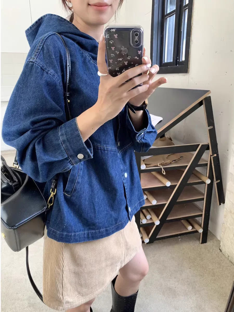 

Женская джинсовая куртка с капюшоном, свободного кроя, укороченная, винтажная, из хлопка, с эффектом похудения, на одной пуговице, повседневная