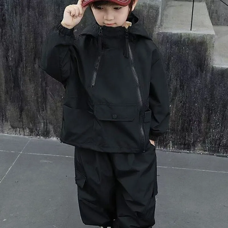 

Boys Diagonal Zip Cardigan Suit Spring and Autumn New Children's Handsome Solid Colour Rushing Clothes In Small Children