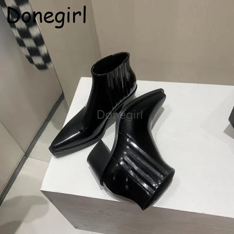 Donegirl 2023Women Autumn Winter New England Style Leather Pointed Head Glossy Short Boots Solid Temperament Simple Shoes Female