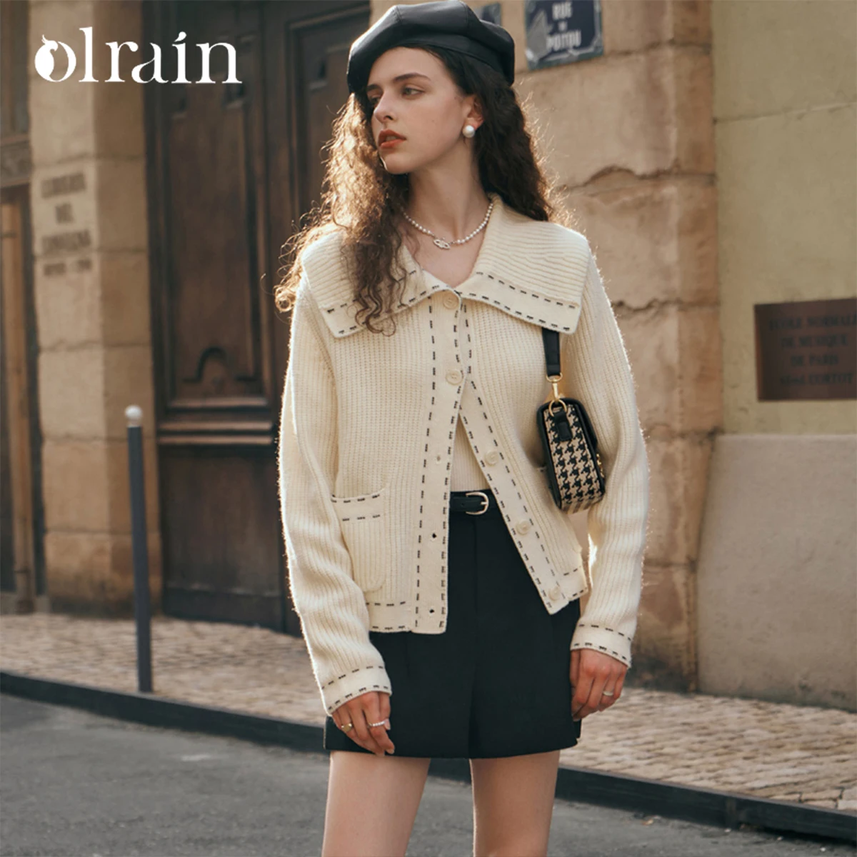 OLrain Woman's Spliced Dashed Line Cardigan Autumn 2026 Office Lady Turn Down Collar Drop Sleeve Pockets Outerwear O23QM68353