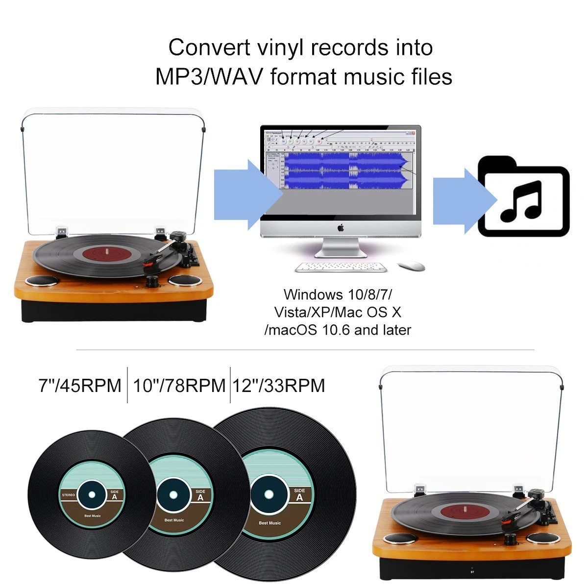 

Hooqu Best Stereo Sound Recording Multiple Audio Phonograph Retro Wooden Turntable Player Phono With Bluetooth Connection Play