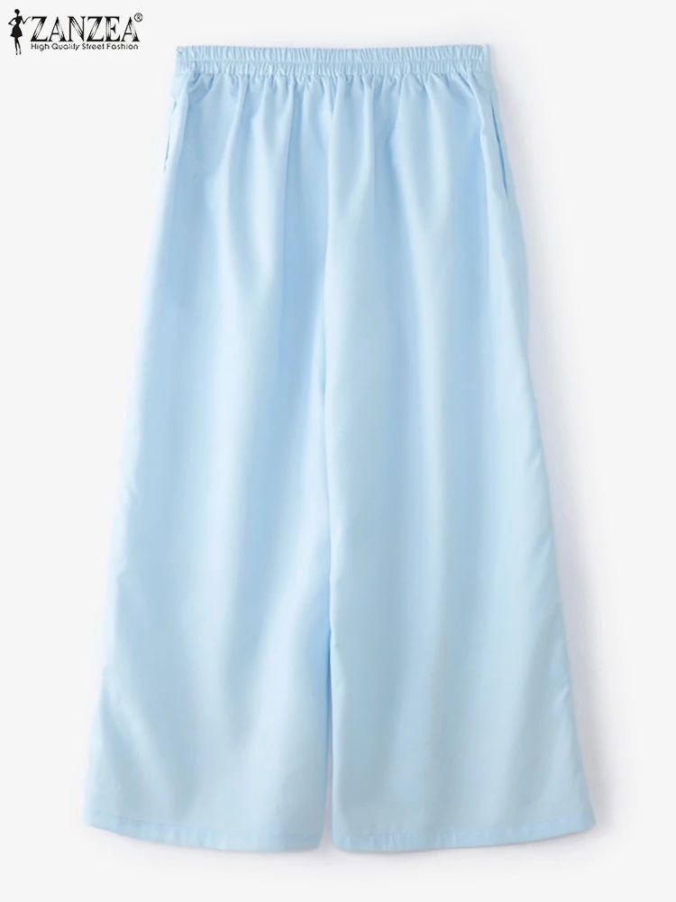 ZANZEA Retro elastische taille pantalons dames zomer wijde pijpen broek 2025, mode casual bedrukte lange broek zakken elegante broek