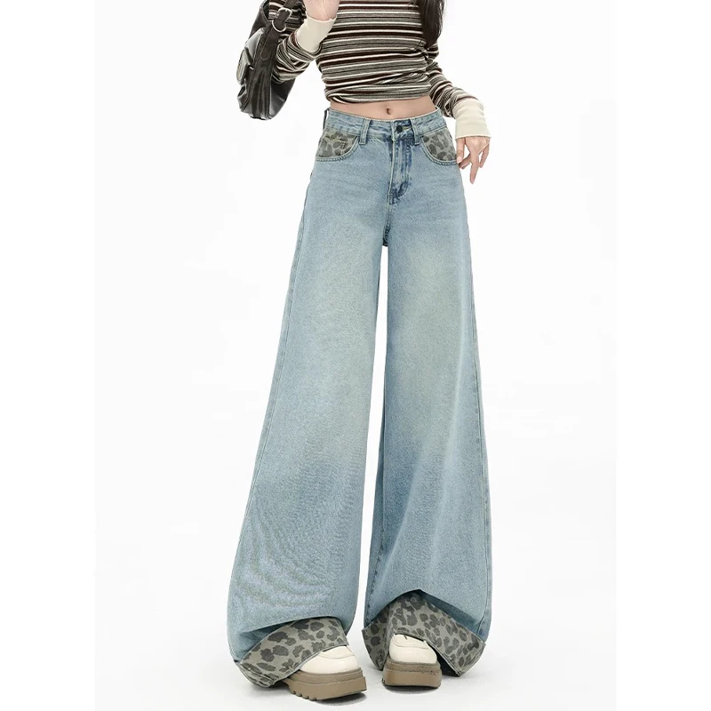 Women High Waist Korean Slacks Wide Leg Jeans Girls Punk 90s Vintage Denim Straight Leg Pants Female Light Blue Baggy Trousers