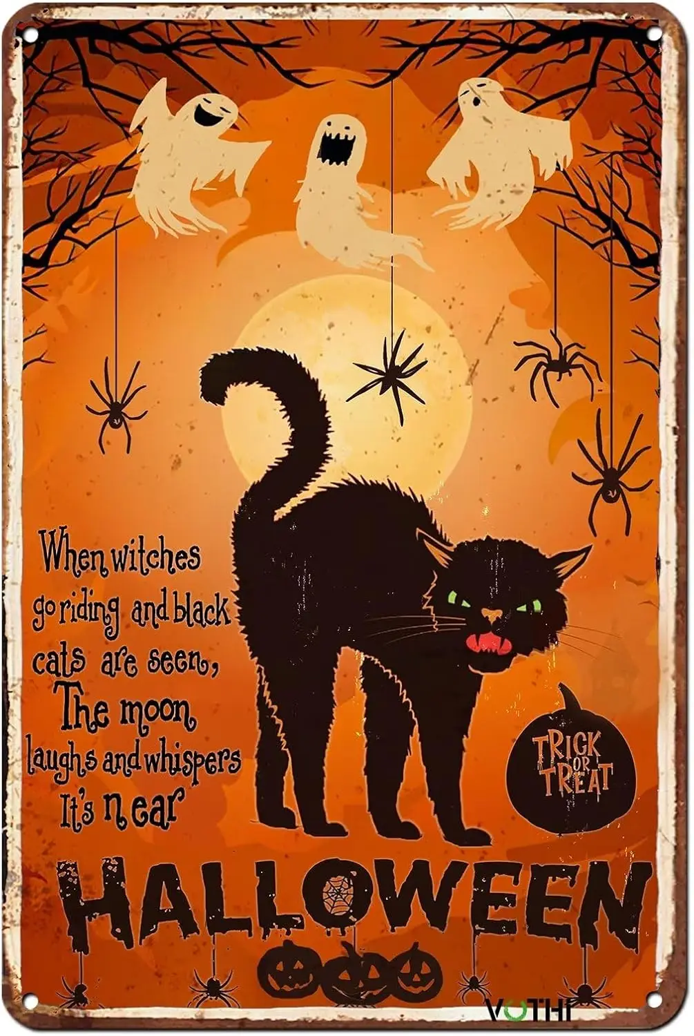 Funny Retro Black Cat Happy Halloween Tin Sign for Home Kitchen Cafe Bar Garage Wall Art Decoration