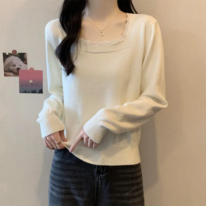 Primavera Faion talla grande mujer tejido irt adorno Floral empalme cuello cuadrado suelto coreano Sle adelgazante Boting irt