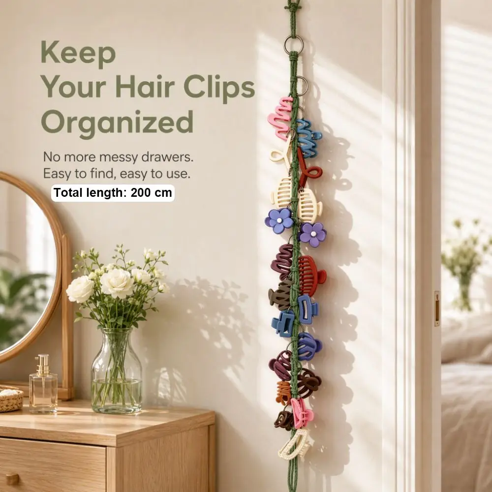 Hand-woven Hair Clip Organizer Tassel Cotton String Hair Claw Holder Space-Saving Bohemia Hand Woven Cotton Rope Ribbons