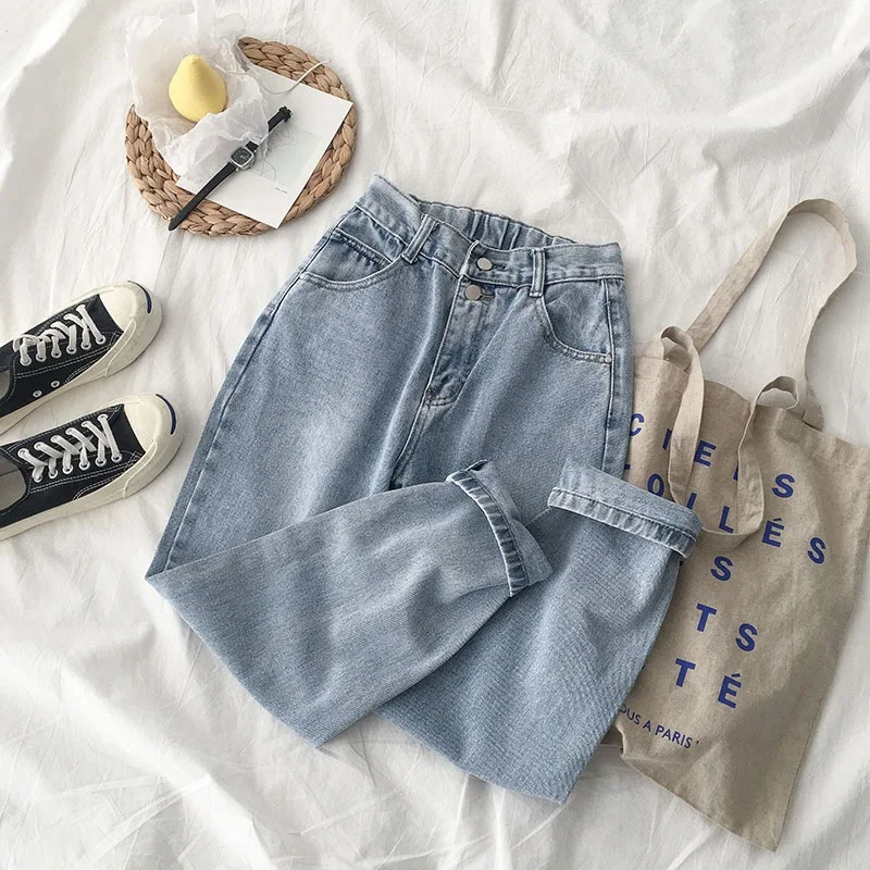 High Waist Straight Leg Jeans Women's Student Loose Korean Style plus Size Slimming Dad Harlan Trousers Trendy Cotton Denim