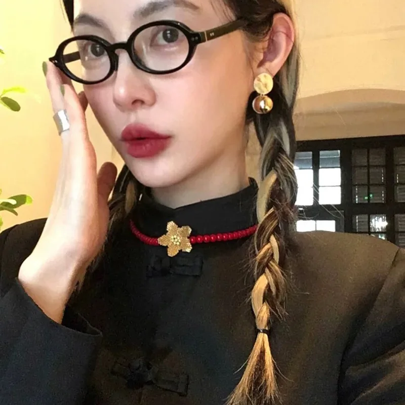 

Black red agate stone beaded flower necklaces for women summer vintage necklaces cute accessory new in