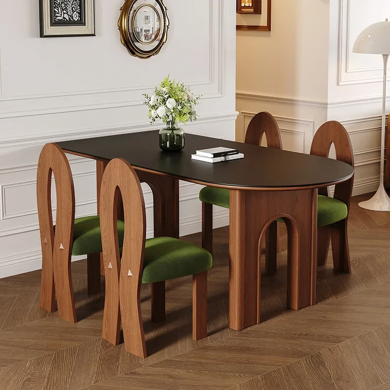 

French Medieval Solid Wood Rock Plate Half Round Dining Table Small Unit Dining Table Retro Wind Wall Table and Chair Combinatio