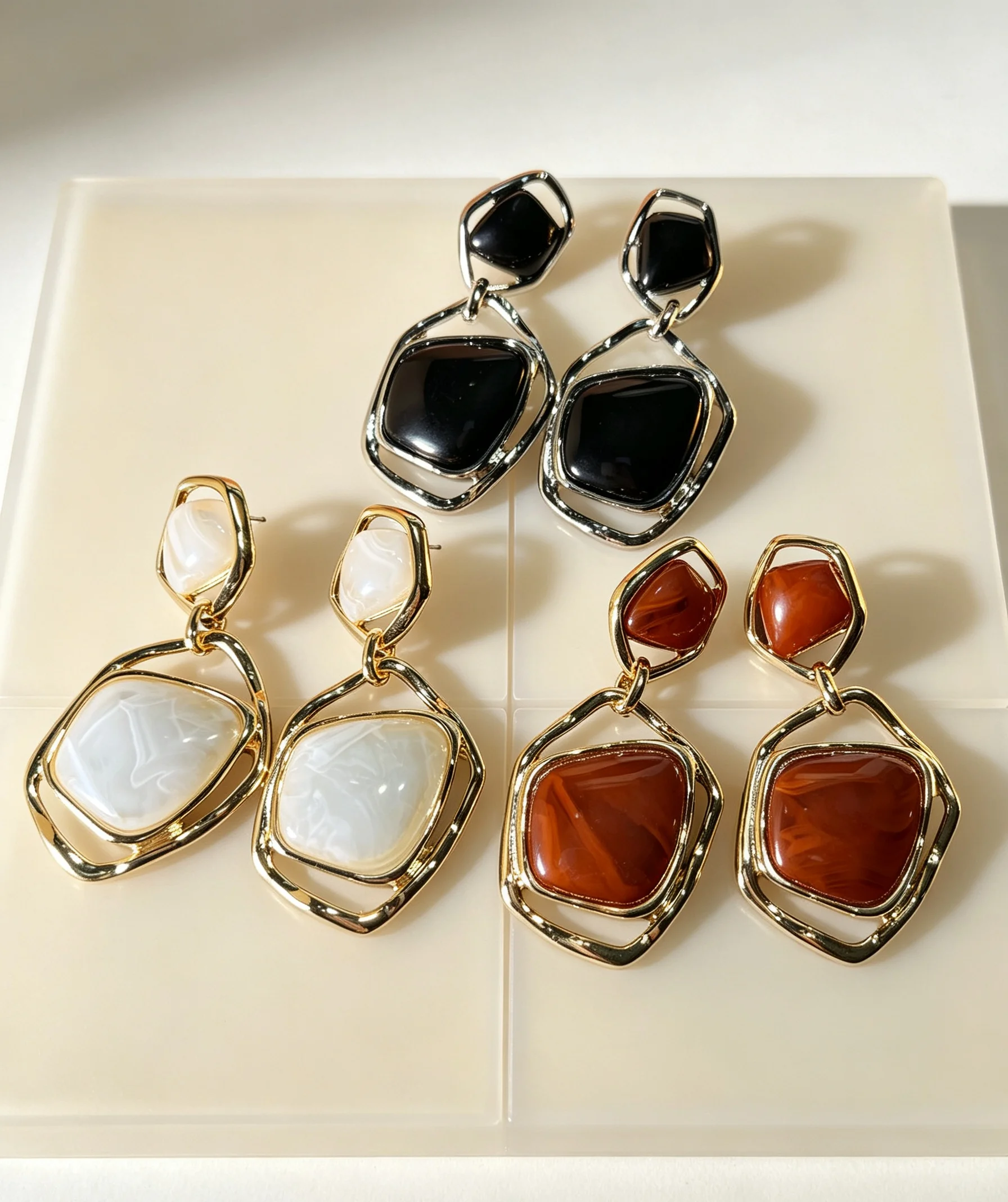 Irregular Geometric Two Layer Resin Drop Earrings for Women Gold Frame Agate Texture Dangle Earrings Daily Party Jewelry Gift